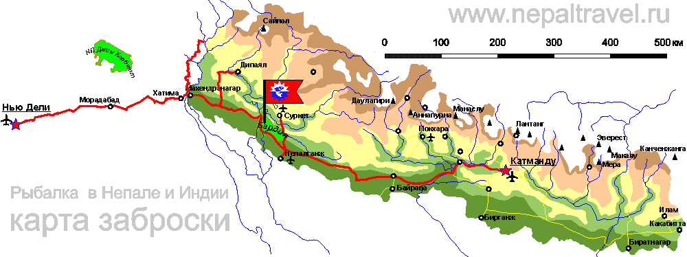 карта заброски Дели - Катманду - Бардия